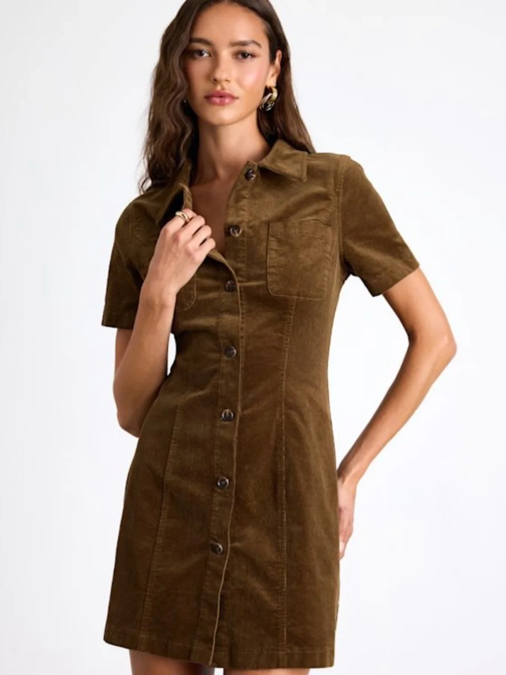 Lulus Rhienne Dark Olive Corduroy Button-front Short Sleeve Mini Dress Green - Picture 1 of 1